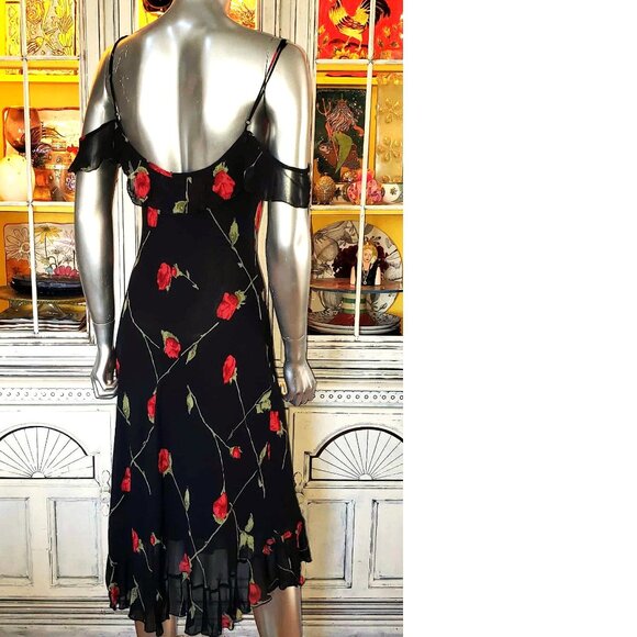 Vintage Betsey Johnson New York 90s Black Floral Red Rose Milkmaid Slip Dress S - Picture 10 of 15